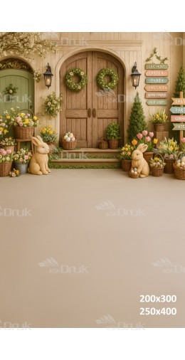 Tło fotograficzne wielkanocne z drewnianymi drzwiami, królikami i tulipanami | E570